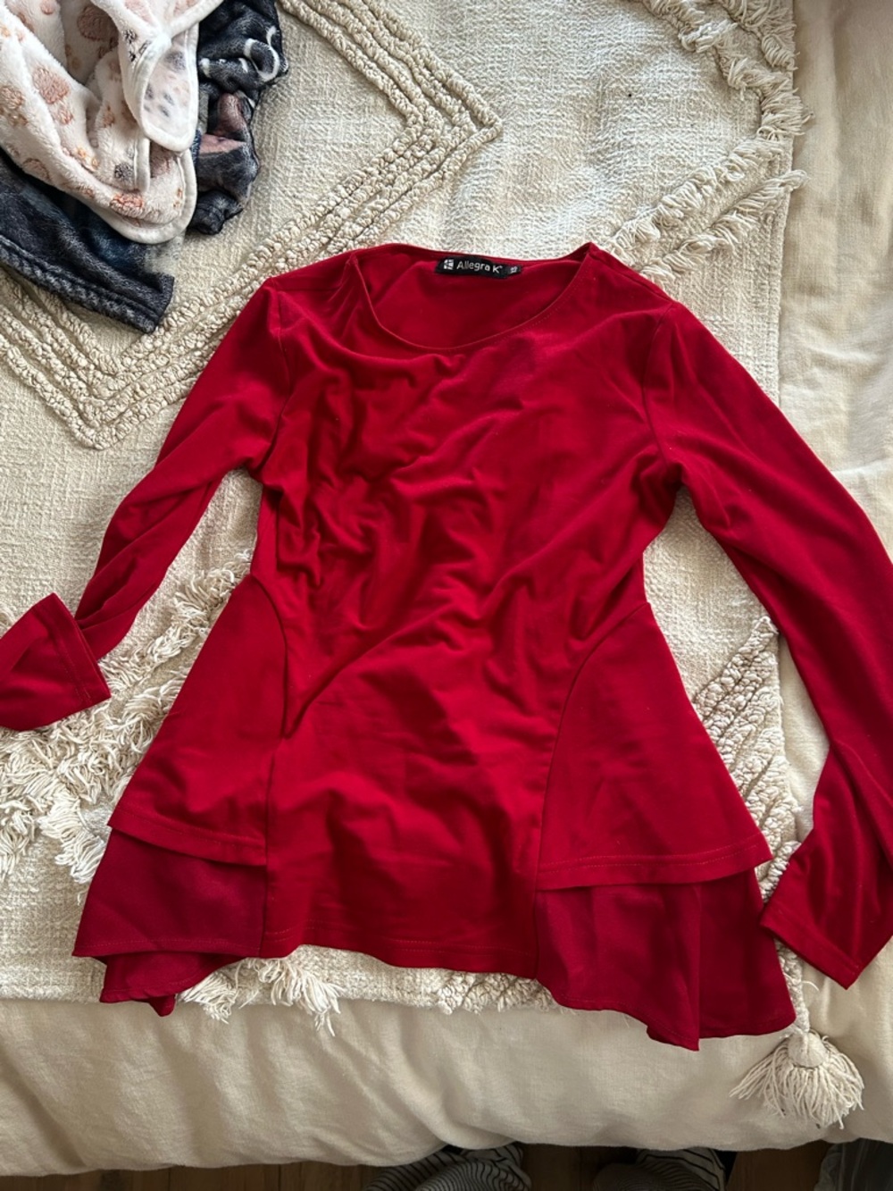Allegra K Crimson Red Long-Sleeve Peplum Top